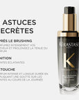 Chronologiste Huile De Parfum bottle with description of its elegant hair fragrance and nourishing benefits, emphasizing rose, wood, and musk notes.