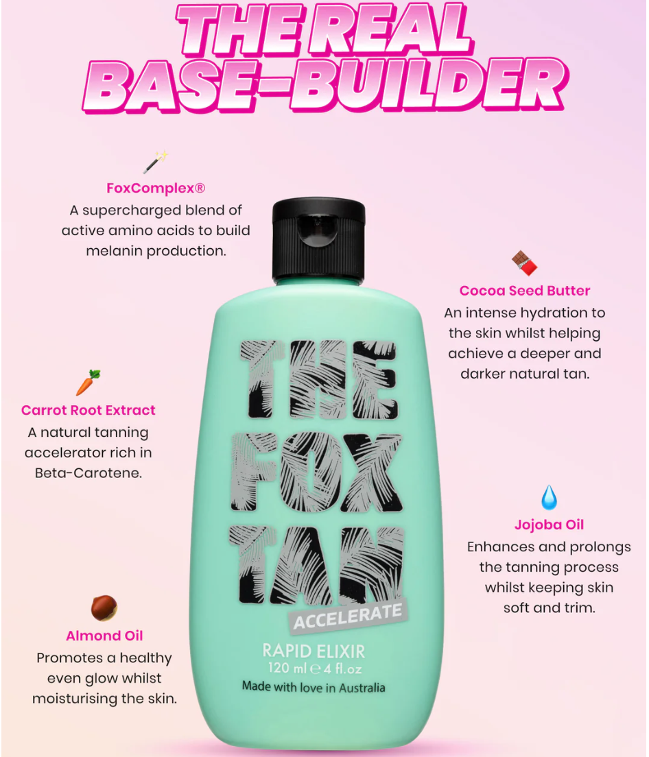 Accélérateur RAPID ELIXIR, élixir bronzant, stimule production de mélanine, FoxComplexᴹᴰ, peau nourrie, tan intense.