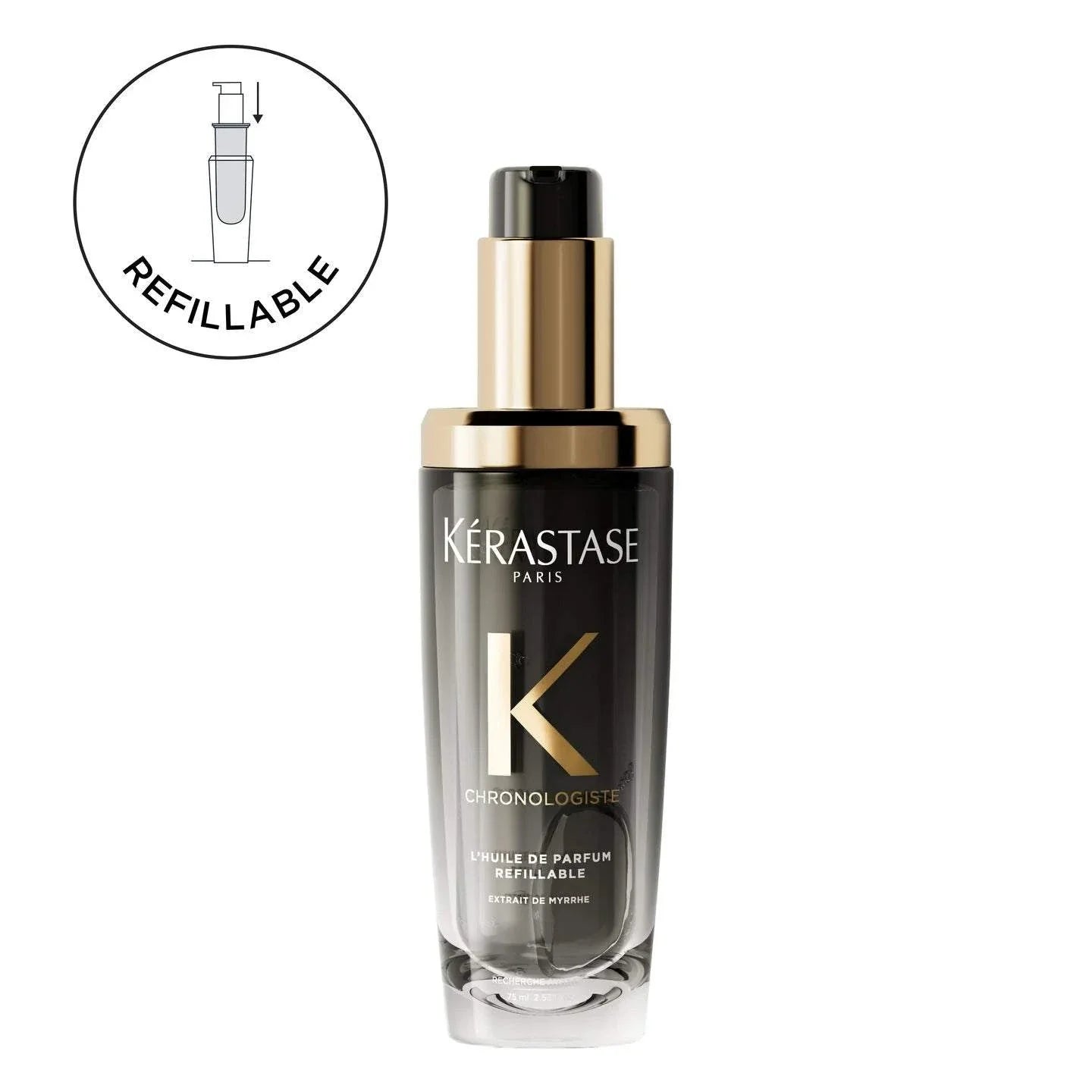 Chronologiste Huile De Parfum bottle with elegant design, nourishing hair fragrance with rose, wood, and musk notes.