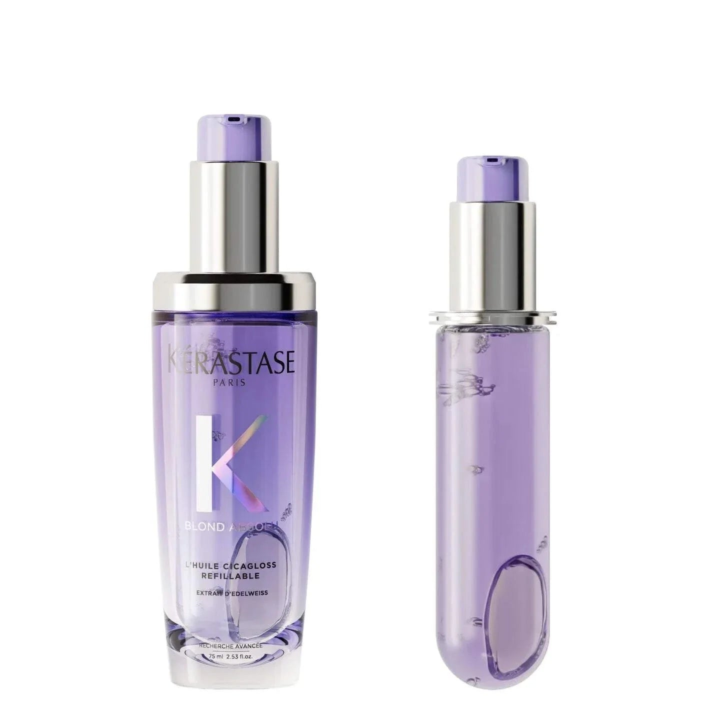 Huile Cicagloss rechargeable pour cheveux blonds sensibilisés, hydratation et réparation.