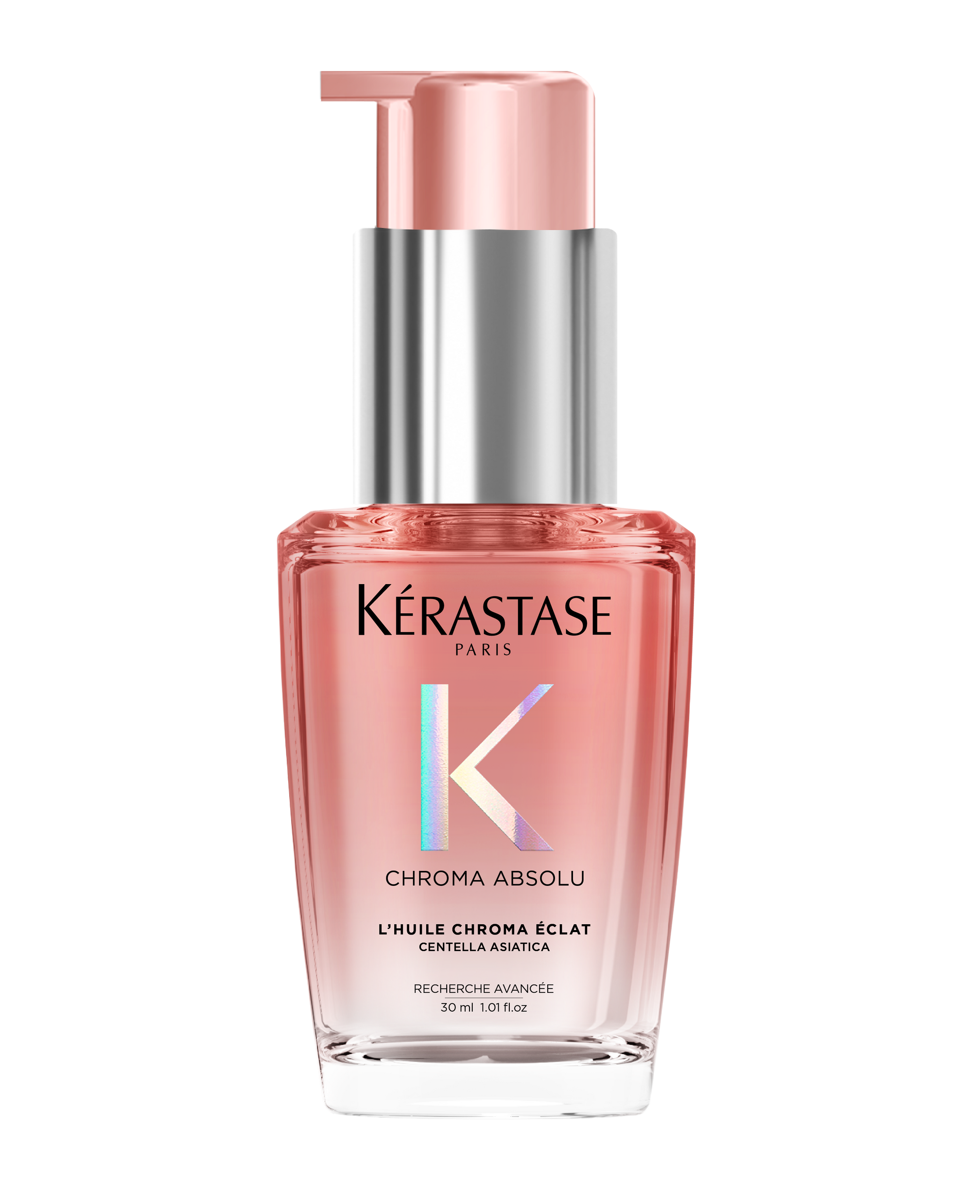 CHROMA HUILE CAPILLAIRE ÉCLAT RADIANCE for radiant colored hair, enriched with Centella Asiatica, in a refillable bottle.