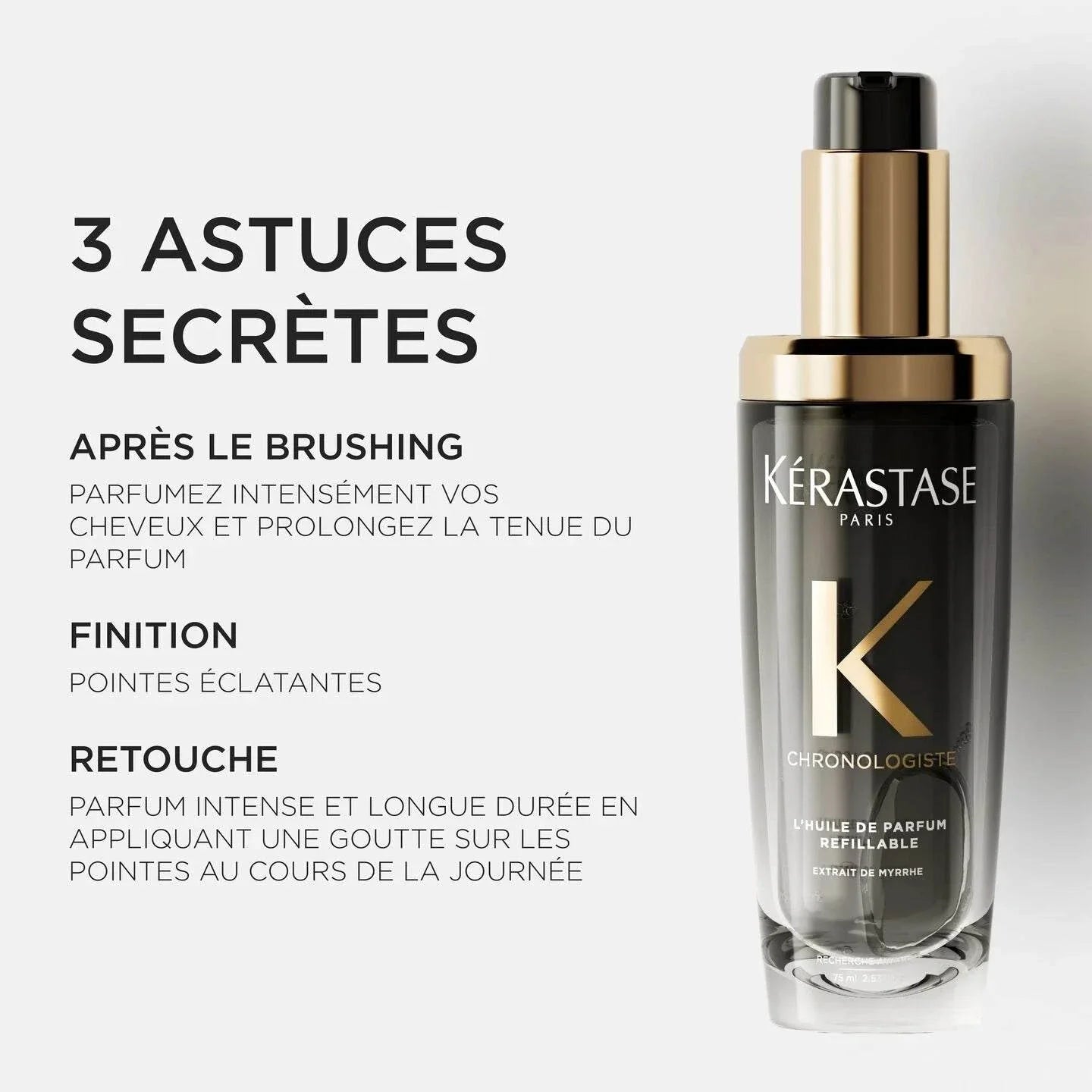 Chronologiste Huile De Parfum bottle with description of its elegant hair fragrance and nourishing benefits, emphasizing rose, wood, and musk notes.
