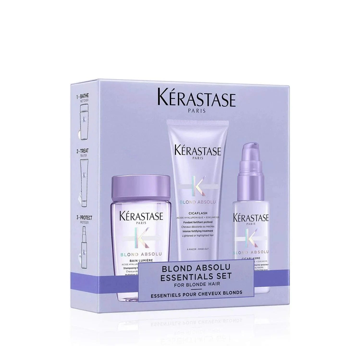 Coffret découverte fortifiant cheveux blonds, shampooing, revitalisant, protecteur thermique, format voyage.