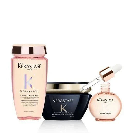 Hydration and shine routine for long hair featuring Kérastase Bain Hydra-Glaze shampoo, Glaze Drops, and Intense Regenerating Mask.